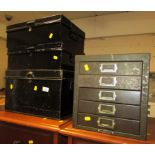 THREE BLACK PAINTED DEED BOXES (TWO WITH KEYS), TOGETHER WITH FIVE DRAWER STEEL WORKBOX