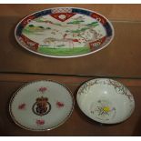 JAPANESE STYLE PLATE ENAMELLED WITH CRANES AND MOUNTAIN, A PLATE WITH ARMORIAL ENAMELLING, AND A