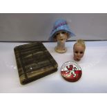 CERAMIC DOLL HEAD TOGETHER WITH ONE OTHER DOLL HEAD, CARVED STONE PAPERWEIGHT IN FORM OF BOOK AND