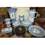 SELECTION OF WEDGWOOD JASPER WARE ITEMS INCLUDING VASES, TRINKET DISH AND JUG, TOGETHER WITH