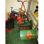 VINTAGE SUFFOLK SUPER PUNCH PETROL LAWN MOWER AND GRASS BOX, TOGETHER WITH SPARE PARTS AND OTHER