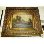 OIL ON CANVAS OF COUNTRY SCENE WITH COTTAGE IN MOULDED GILT FRAME