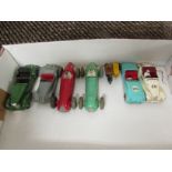 SIX DINKY MODEL SPORTS CARS AND MOTORBIKE AND SIDECAR