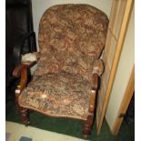 VICTORIAN ERA BUTTON BACK UPHOLSTERED SALON CHAIR WITH MID WOOD FRAME AND CHINA CASTORS (A/F)