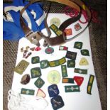 VARIOUS BOY SCOUTS CLOTH BADGES, TWO BOY SCOUTS BELTS AND NECK SCARF