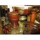 TURNED WOODEN TOBACCO JAR WITH INTERNAL LEAD LID, WOODEN BOWL WITH BRASS MOUNTS AND OTHER TREEN WARE