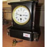 BLACK SLATE AND MARBLE PENDULUM MANTLE CLOCK WITH WHITE ENAMEL DIAL (KEY IN OFFICE)