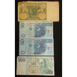 FOUR EUROPEAN BANK NOTES AND FOUR COINS