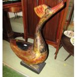 LARGE FLOOR STANDING WOODEN BIRD FIGURE WITH LACQUER AND GILDING (HEIGHT 82CM)