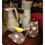 LARGE TERRACOTTA VASE AND JUG DECORATED WITH GIRAFFES (A/F), TOGETHER WITH STUDIO POTTERY VASE AND