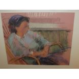 Modern pastel etching of seated woman on pink cartridge paper, unsigned, 52cm x 48cm, F&G