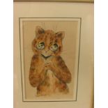 In the style of Louis Wayne, cat with yellow eyes and spectacles with clasped paws, signature