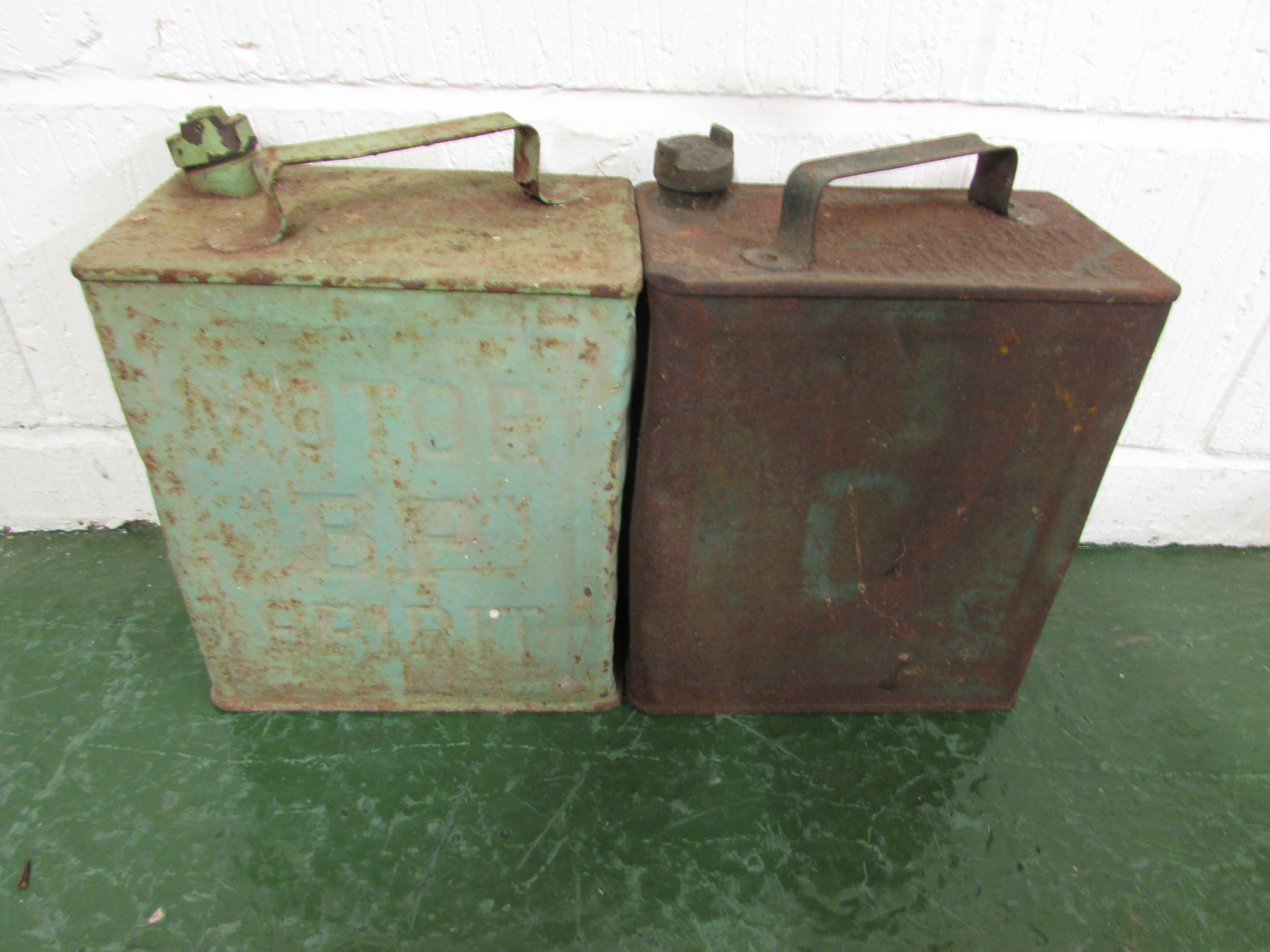 Two vintage BP petrol cans with BP caps