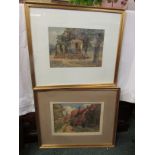 Two watercolours - street scene, signed S. Dennant Moss 28 (25cm x 36cm) and caravans, signed S.
