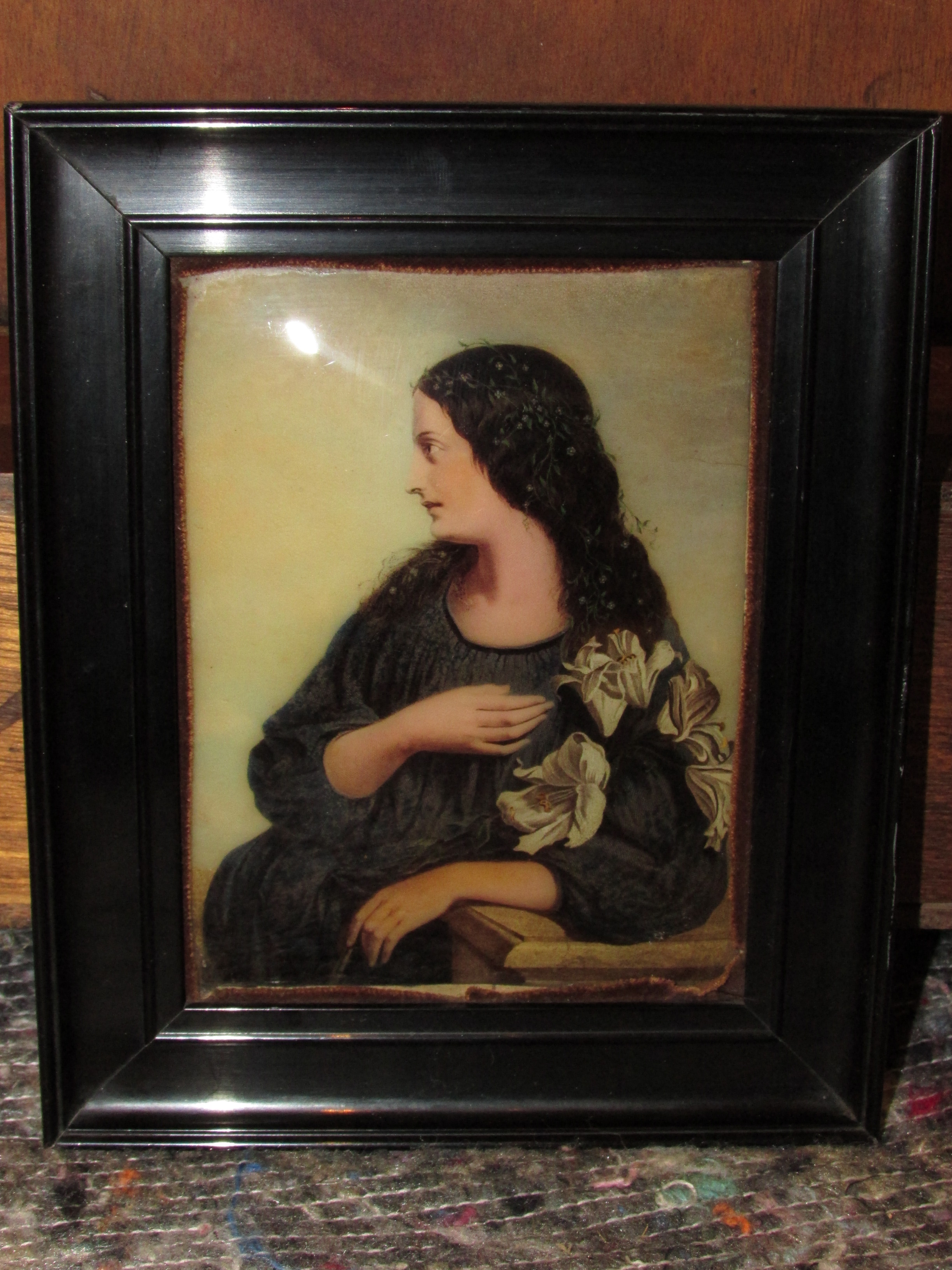 After W Menzler 1880, a chrystoleum cushion glass print of pensive lady holding white rose, - Image 4 of 4