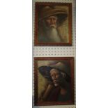 Two corresponding Chinese style portrait paintings on leaves, each depicting man in hat with pipe,