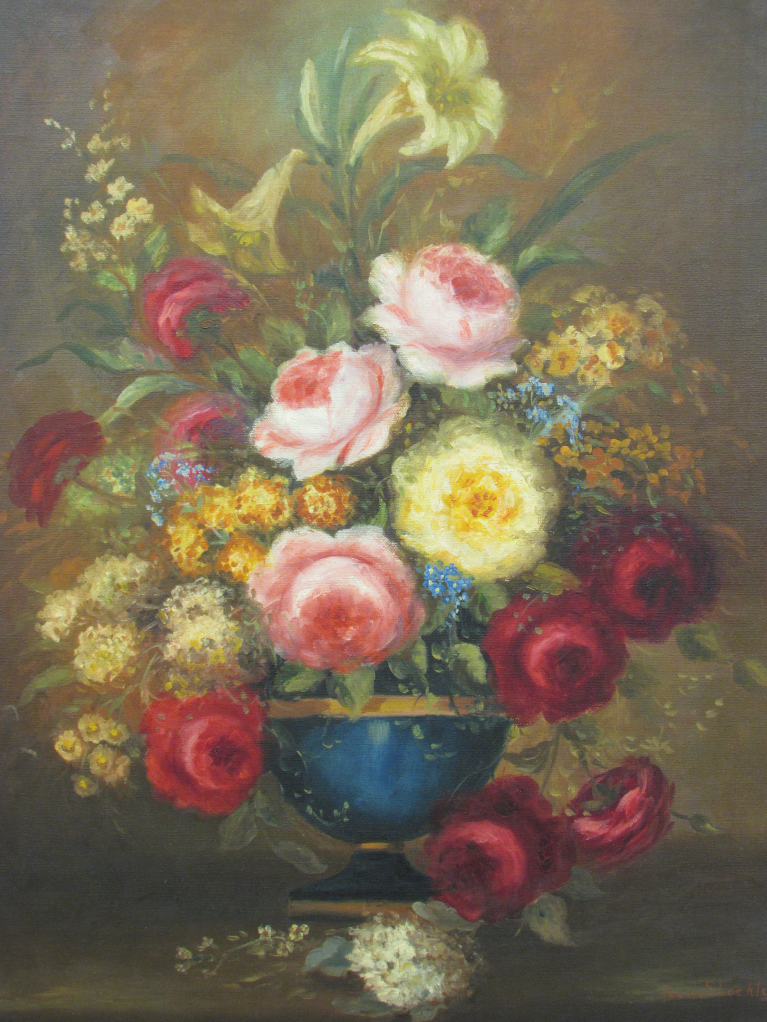 Still life roses and flowers in blue vase, oil on canvas, signed Pearl Shockley lower right, (60cm x - Image 2 of 2