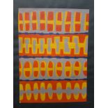 'Waves-77', abstract red and orange shapes on grey background, tempera on paper, initialled and