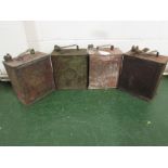 Four vintage Shell petrol cans (one with Shell cap, one with Shellmex cap, one with Pratts cap and