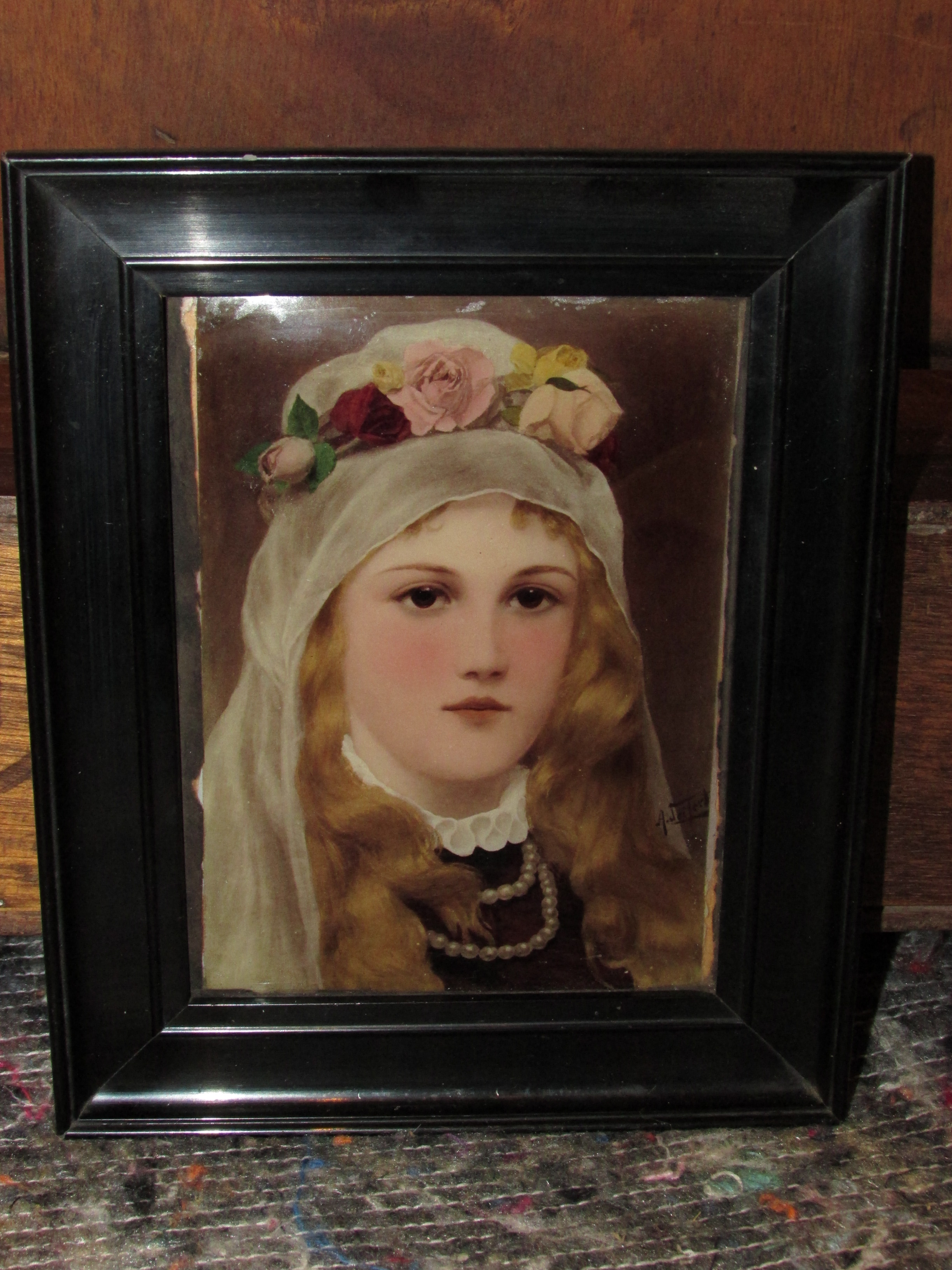 After W Menzler 1880, a chrystoleum cushion glass print of pensive lady holding white rose, - Image 3 of 4