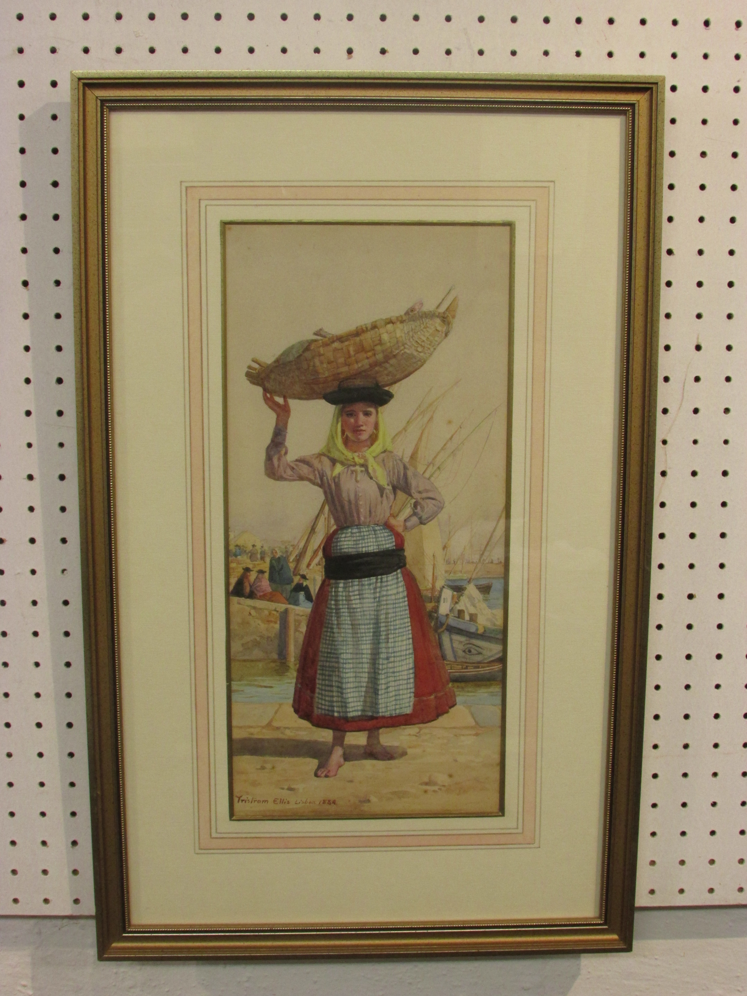 Tristram Ellis LISBON 1884, watercolour of fish seller with basket barefooted in harbour scene, - Image 2 of 5