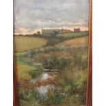 Marsh landscape with buildings beyond, oil on canvas, indistinct stamp or mark lower left (52cm x