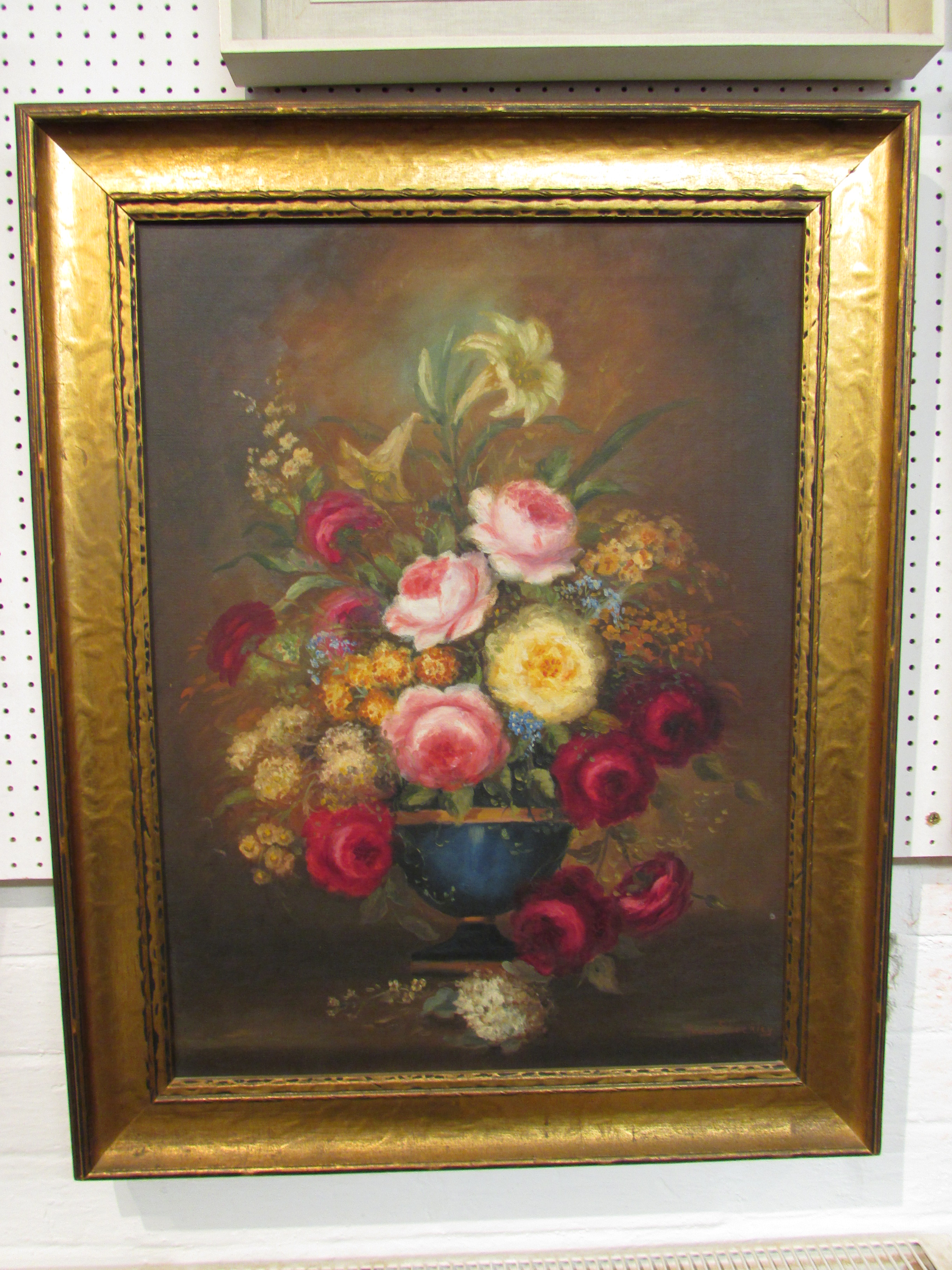 Still life roses and flowers in blue vase, oil on canvas, signed Pearl Shockley lower right, (60cm x