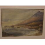 J Hirston 19th century watercolour of ships at anchor in bay, rocky outcrop and bathing machine to