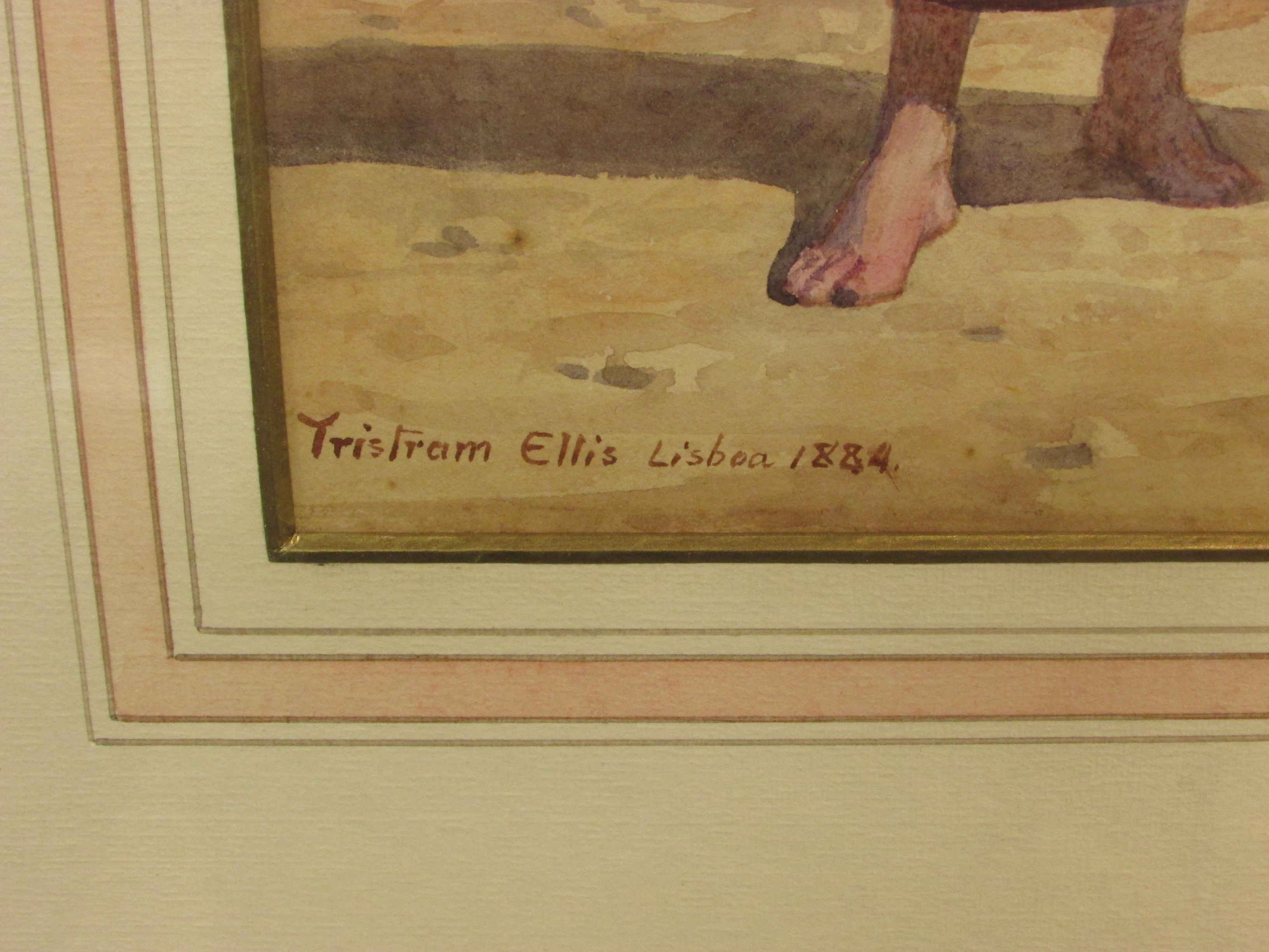 Tristram Ellis LISBON 1884, watercolour of fish seller with basket barefooted in harbour scene, - Image 3 of 5