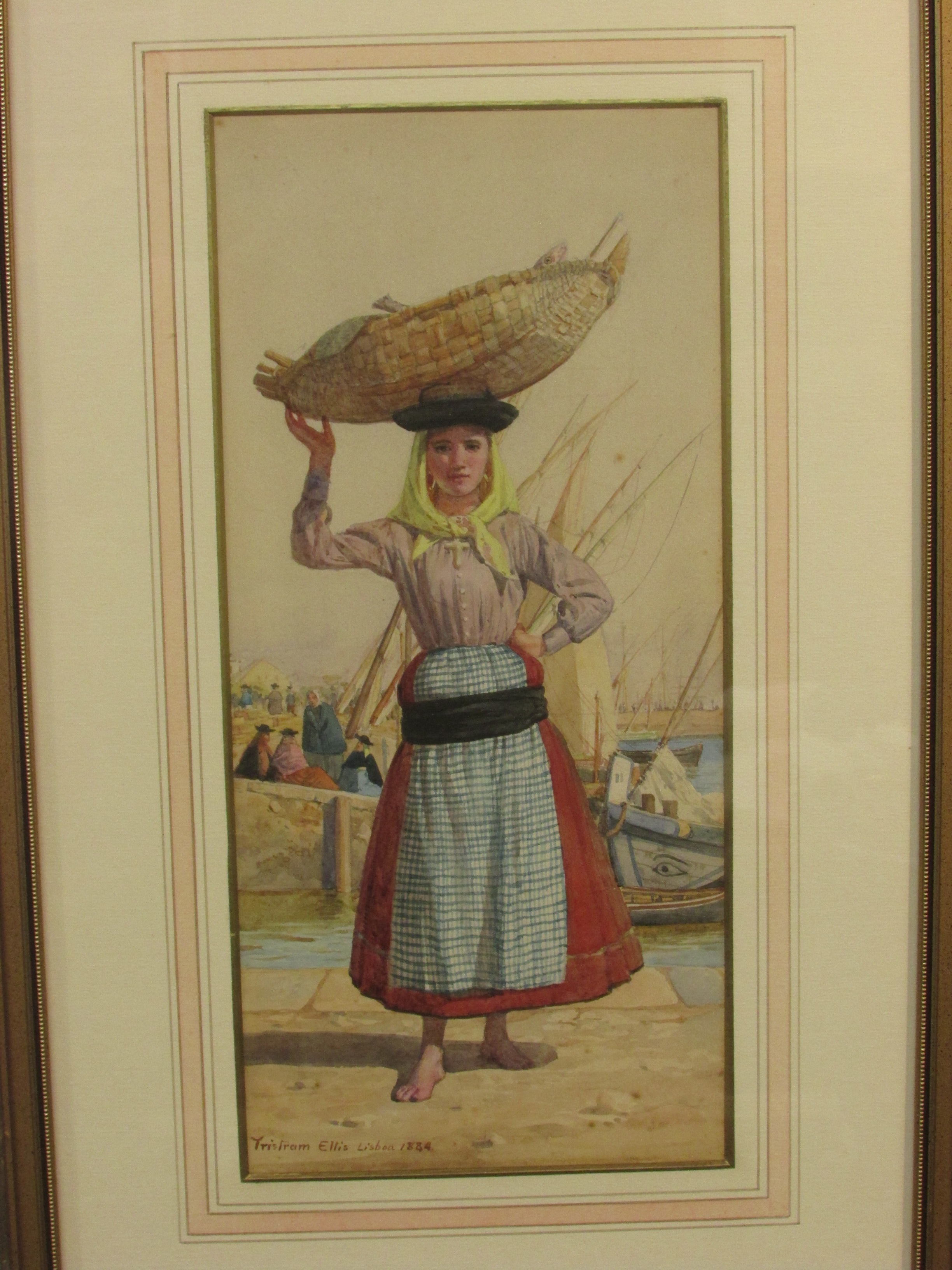 Tristram Ellis LISBON 1884, watercolour of fish seller with basket barefooted in harbour scene, - Image 5 of 5