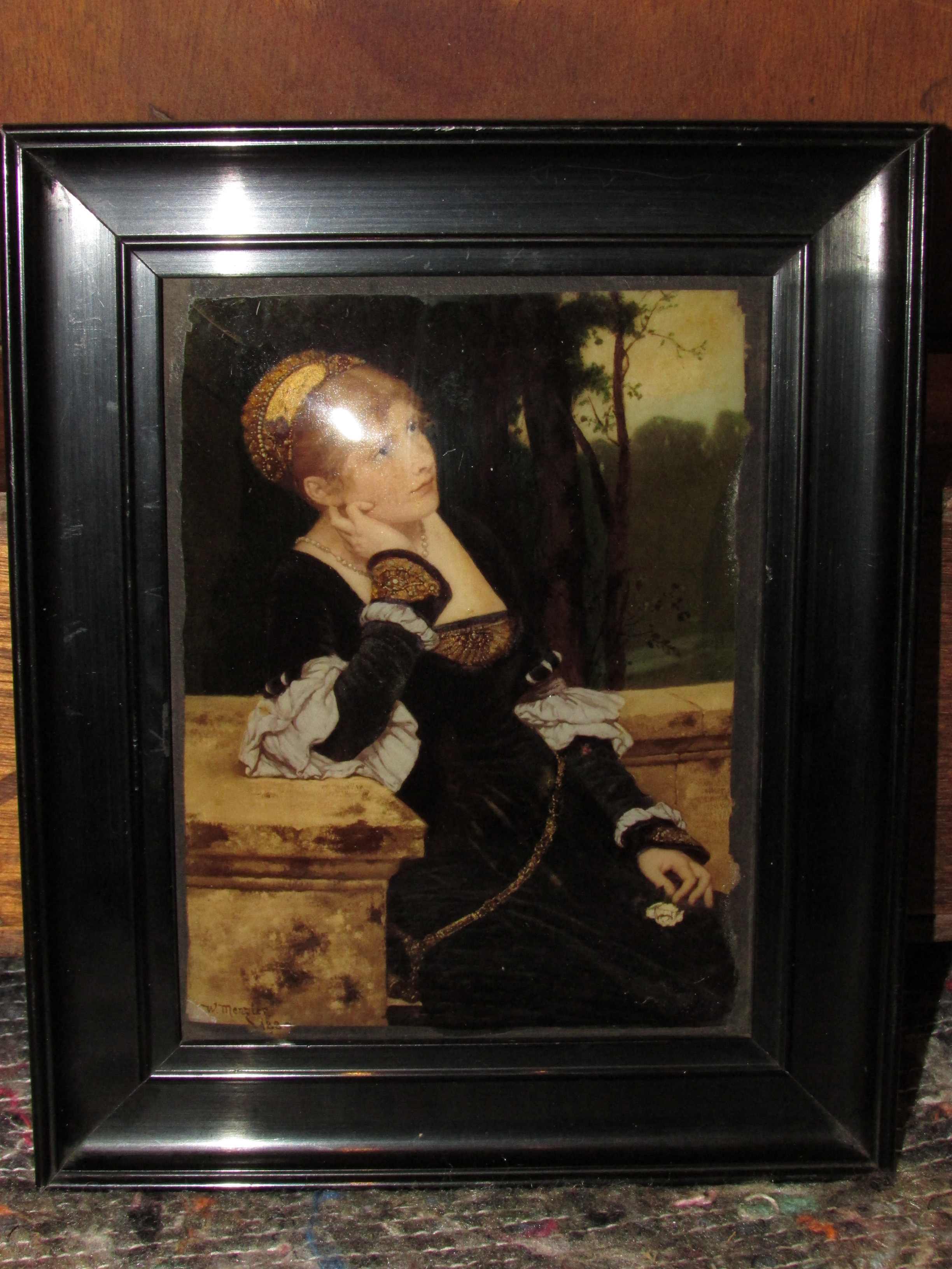 After W Menzler 1880, a chrystoleum cushion glass print of pensive lady holding white rose, - Image 2 of 4