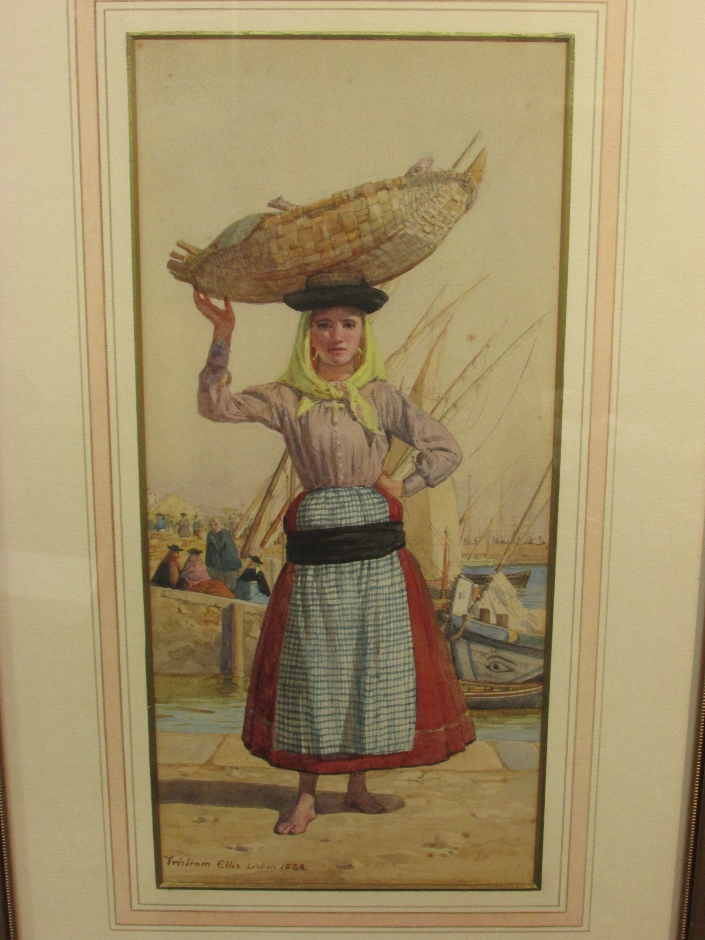 Tristram Ellis LISBON 1884, watercolour of fish seller with basket barefooted in harbour scene,