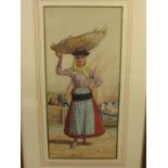 Tristram Ellis LISBON 1884, watercolour of fish seller with basket barefooted in harbour scene,