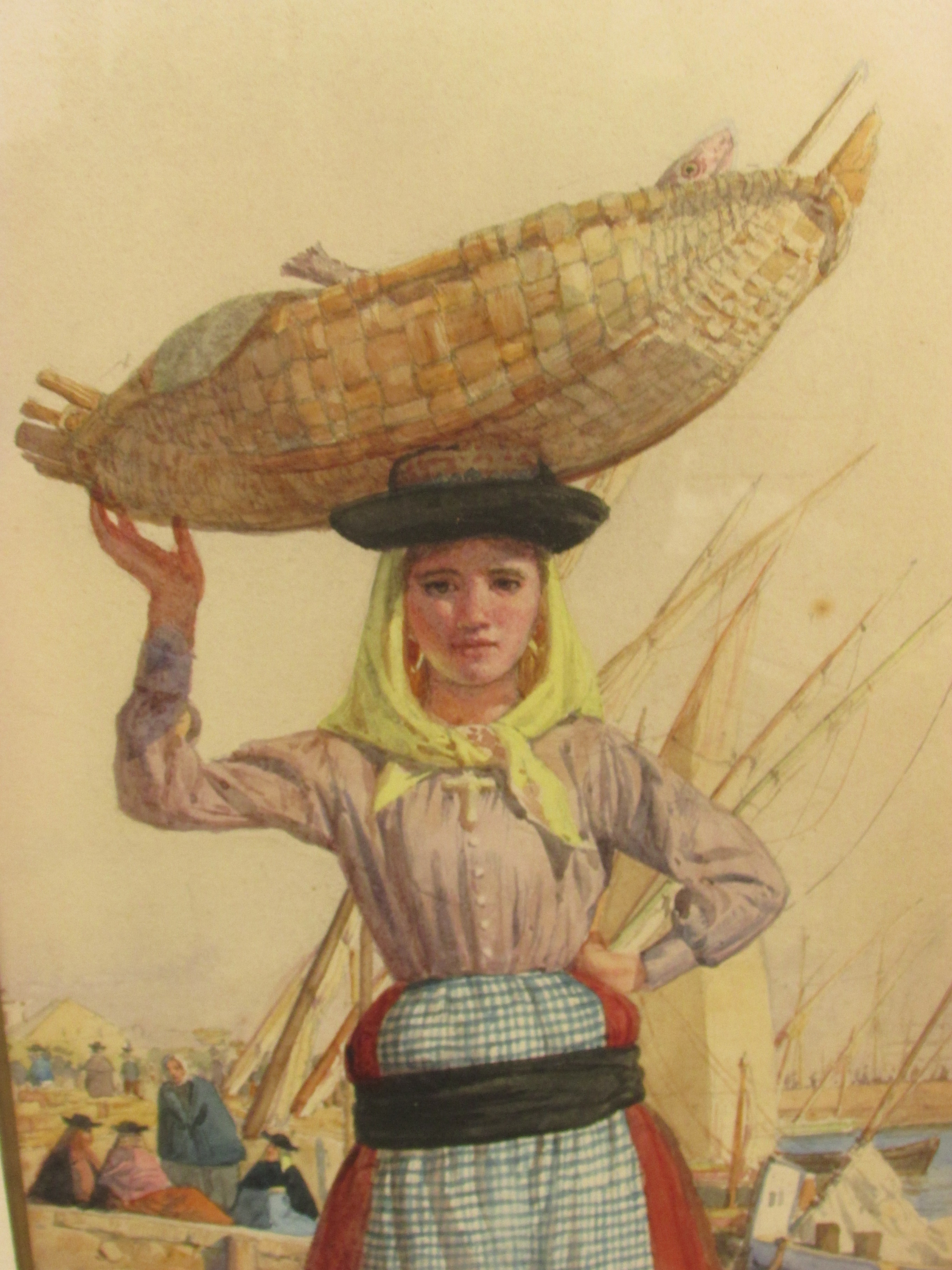 Tristram Ellis LISBON 1884, watercolour of fish seller with basket barefooted in harbour scene, - Image 4 of 5