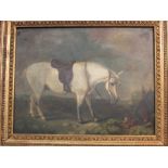 Saddled white horse near shotgun, pheasant and hare, oil on panel, no signature, (30cm x 39cm), in a