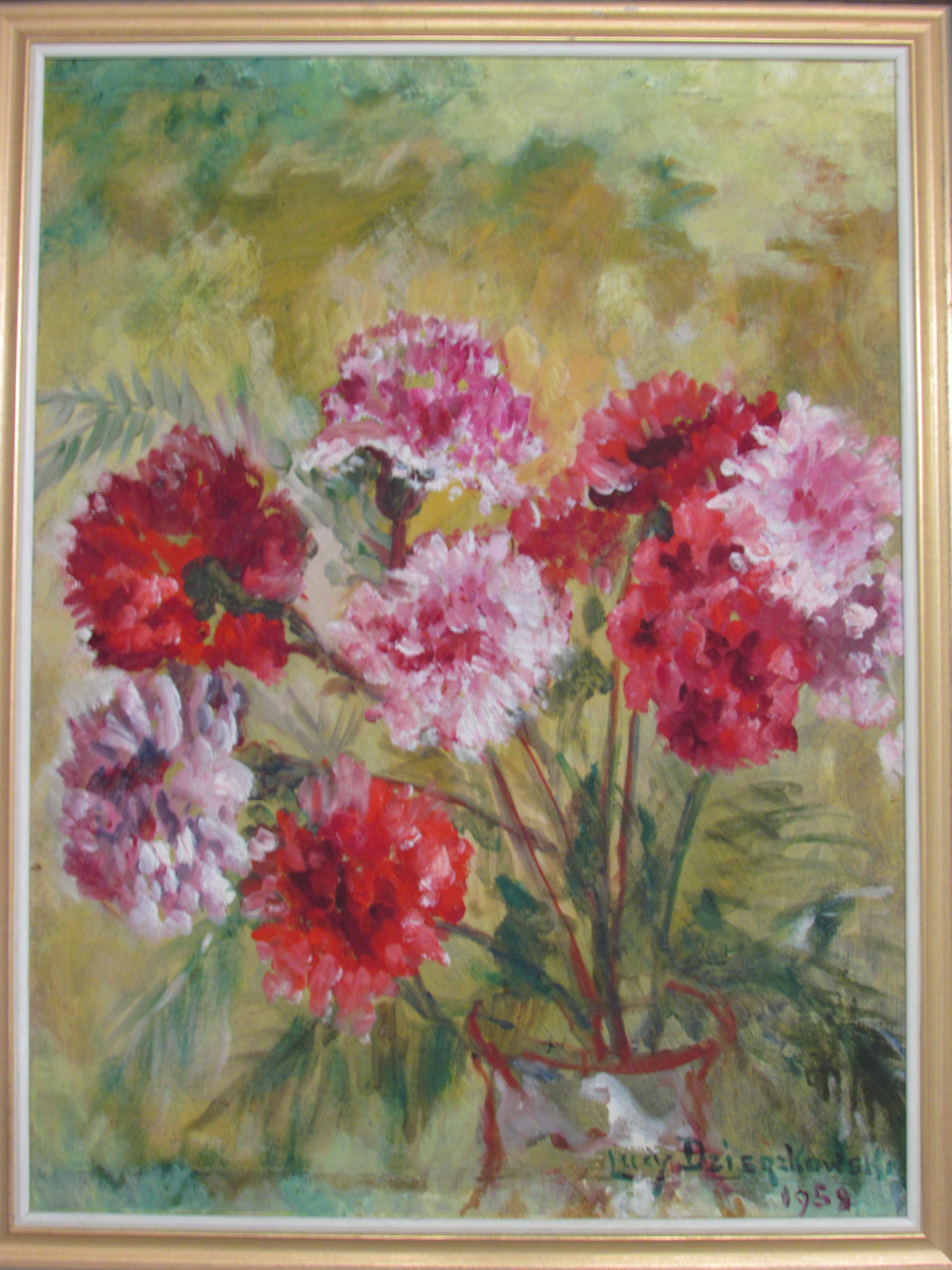 Still life with red flowers, oil on board, signed and dated Lucy Dzierzkowski 1959, (59cm x 44cm), - Image 2 of 2