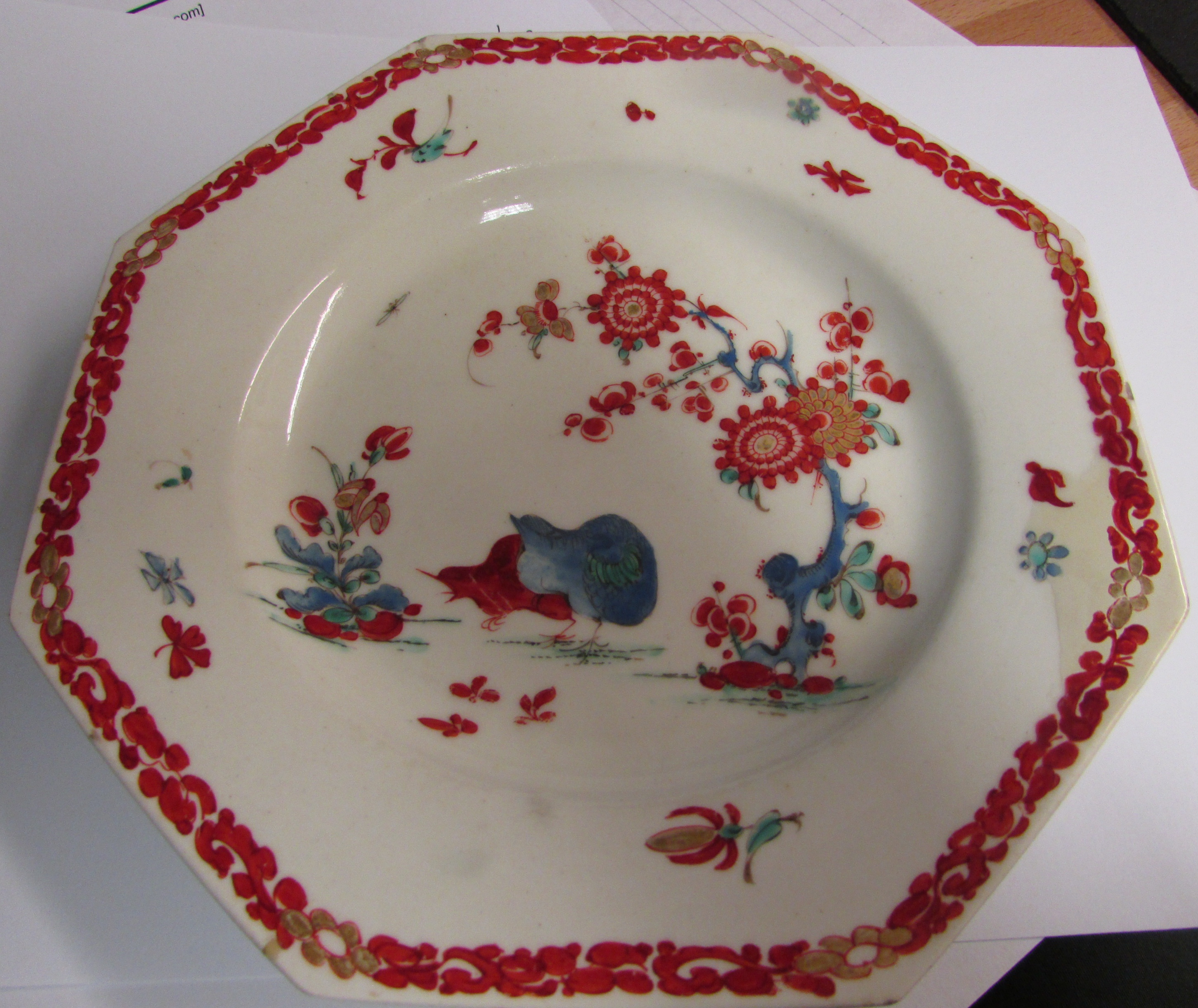 English porcelain hexagonal plate, painted with the quail pattern in the Kakiemon style, perhaps