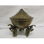 Chinese brass censer supported on three winged deities kneeling in prayer, hemispherical bowl with