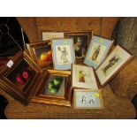 THREE FRAMED STILL LIFE OILS ON BOARD OF FRUIT, FOUR FRAMED PRINTS OF TIBETAN FIGURES AFTER G.