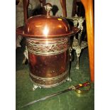 BRASS TWO TIER TRIVET STAND, COPPER AND BRASS LIDDED COAL BUCKET AND FIRE POKER