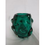 Whitefriars green glass vase of squat ovoid form with expressed moulded swirls, height 12cm