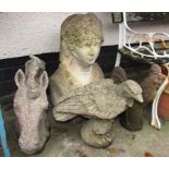 FOUR STONEWARE GARDEN ORNAMENTS - BUST, HORSE'S HEAD, EAGLE AND COCKEREL