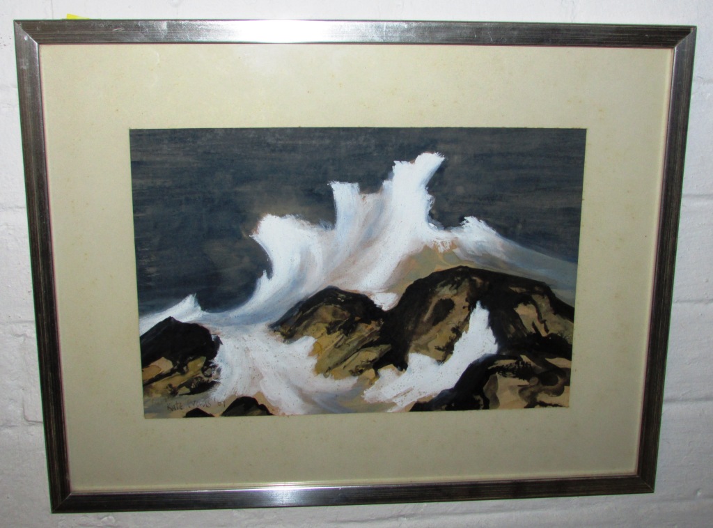 FRAMED AND MOUNTED WATERCOLOUR ENTITLED 'BREAKING WAVES, PEMBROKESHIRE' SIGNED AND DATED KATE