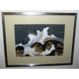 FRAMED AND MOUNTED WATERCOLOUR ENTITLED 'BREAKING WAVES, PEMBROKESHIRE' SIGNED AND DATED KATE