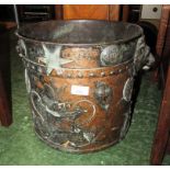 COPPER COAL BUCKET WITH BEATEN APPLIED DECORATION