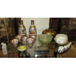 METAL CASE, CARVED STONE BOWLS, PAIR OF ORIENTAL JUGS WITH MATCHING BOWLS, ETC