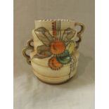 Charlotte Rhead for Crown Ducal ribbed vase with handles, decorated with stylized flower and fruit