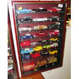 SELECTION OF CORGI AND DINKY DIE-CAST VEHICLES INCLUDING AMERICAN CLASSICS IN WALL MOUNTED DISPLAY