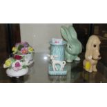 SYLVAC HOUND (CREAM), SYLVAC BUNNY (GREEN), SYLVAC LAMB VASE, AYNSLEY POSY COMMEMORATING MARRIAGE OF