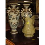 PAIR OF ORIENTAL STYLE CERAMIC VASES WITH FLORAL DECORATION, TOGETHER WITH RIDGWAY POTTERY JUG (A/